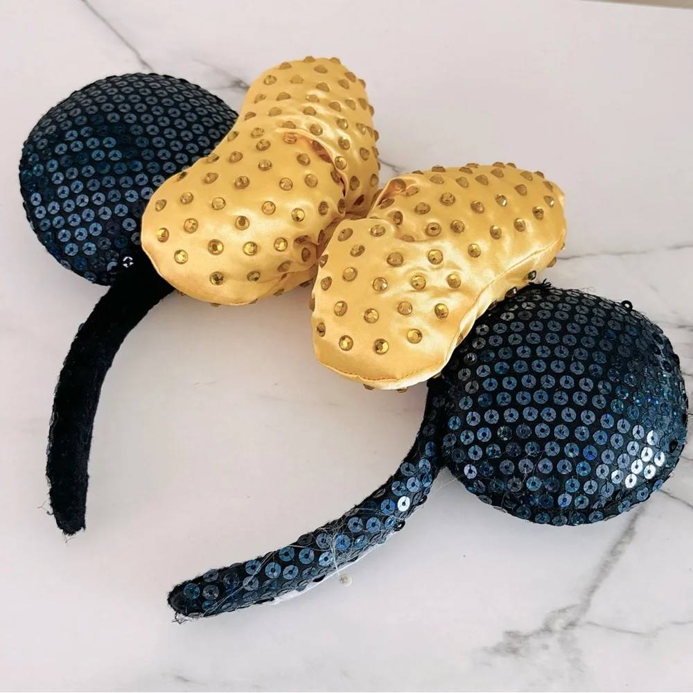 Disney Headband Gold Bow‎ Navy Blue Minnie Mouse Ears Sequin Authentic